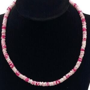 Vintage Fashion Jewelry Pink & White Puka Shell Necklace 16” Barrel Clasp
